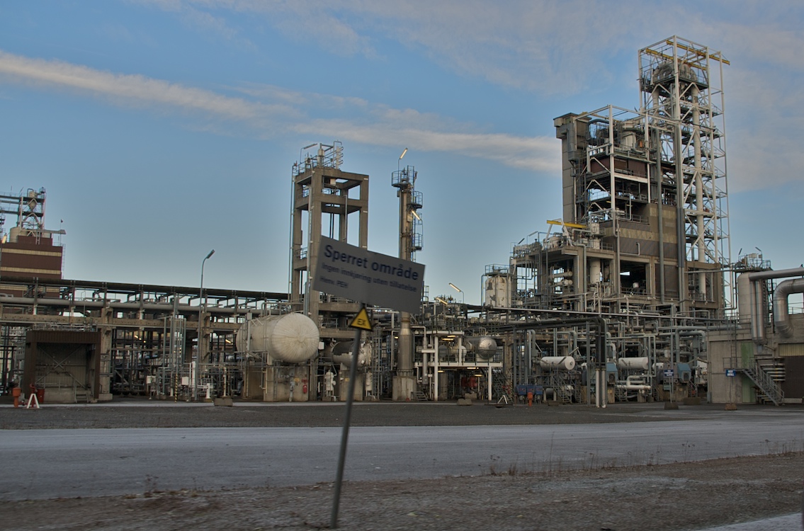 A petrochemical plant in Norway: columns, tanks and piping