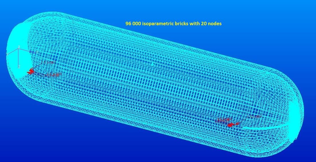 A cyan wire mesh model of a horizontal pressure vessel with domed ends, showing the finite element elements used to analyze it