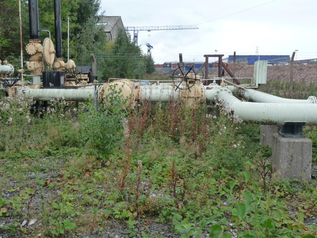 Above-ground industrial pipework with flanged joints and handwheel valves resting on concrete supports in an overgrown yard