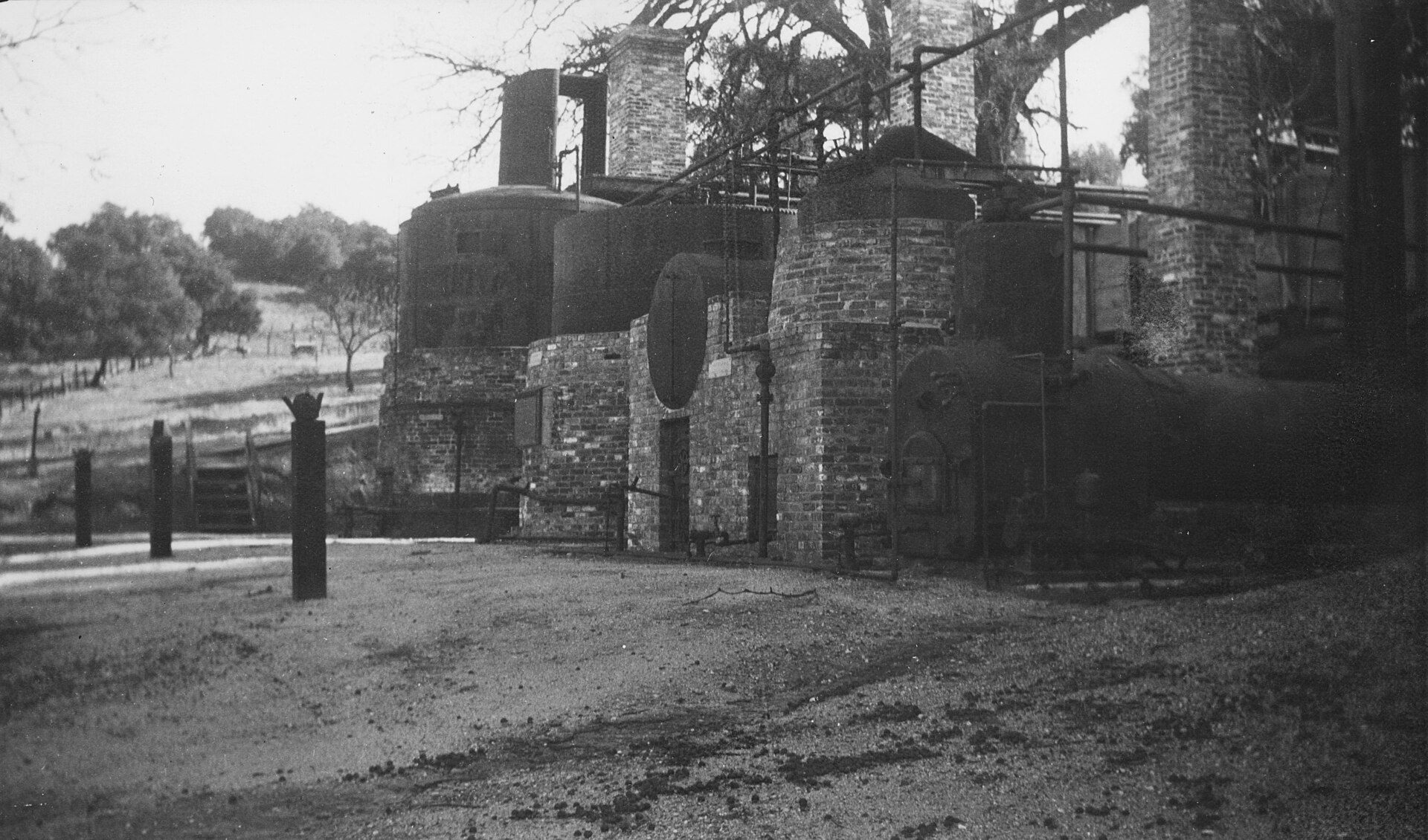 A refinery on a river bank with tall brick chimneys, one of them venting smoke, and process towers behind a strip of trees