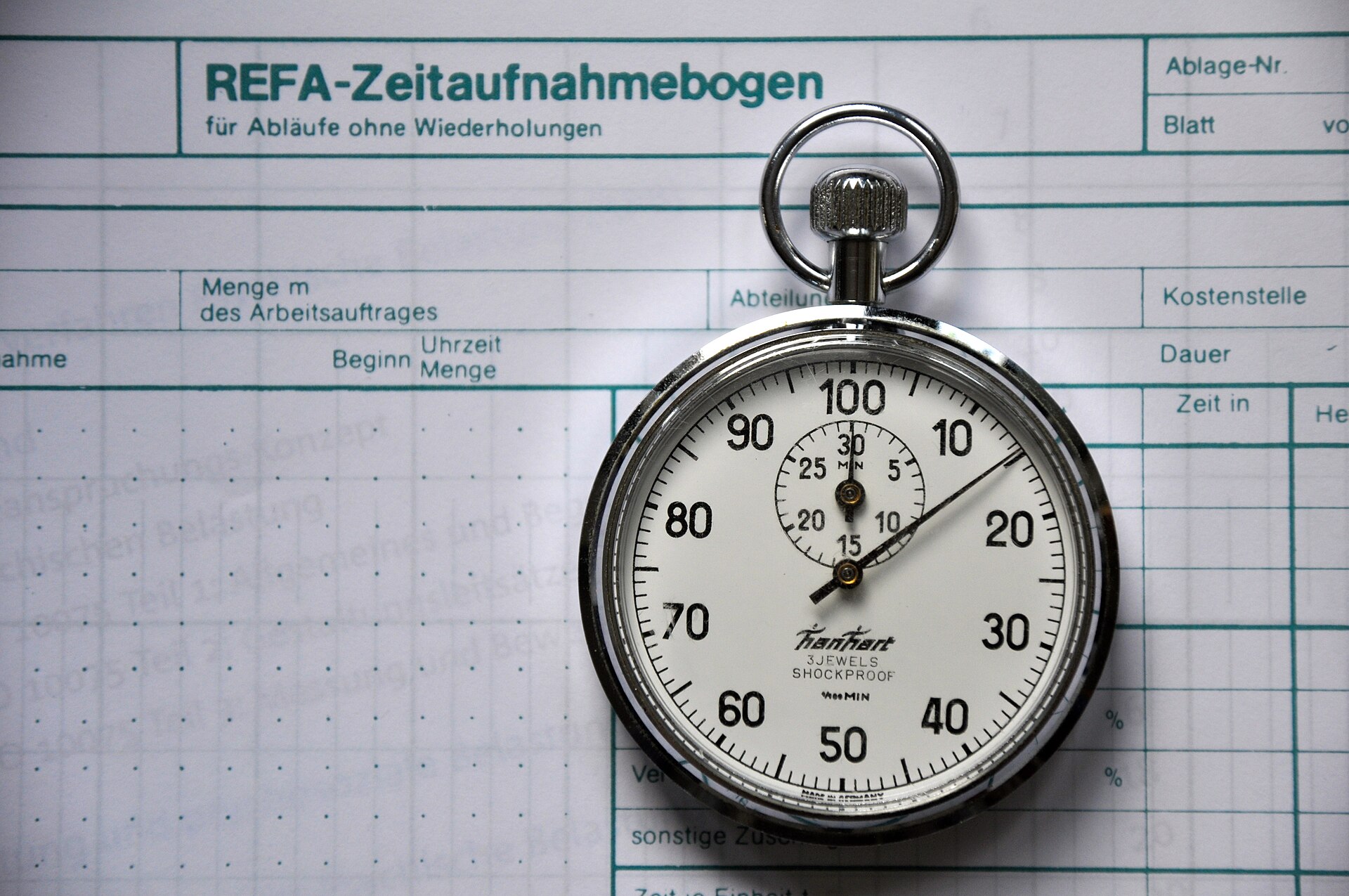A mechanical time-study stopwatch lying on a printed time-recording sheet