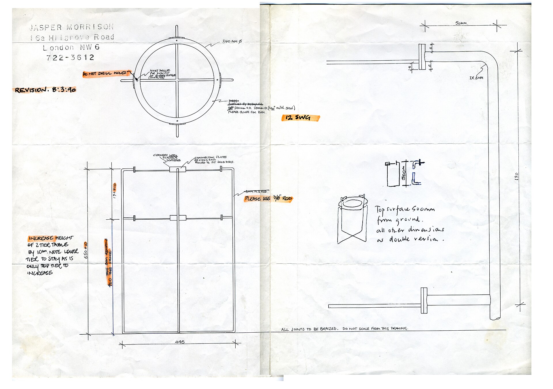 A furniture designer's drawing of a side table with dimensions and annotations