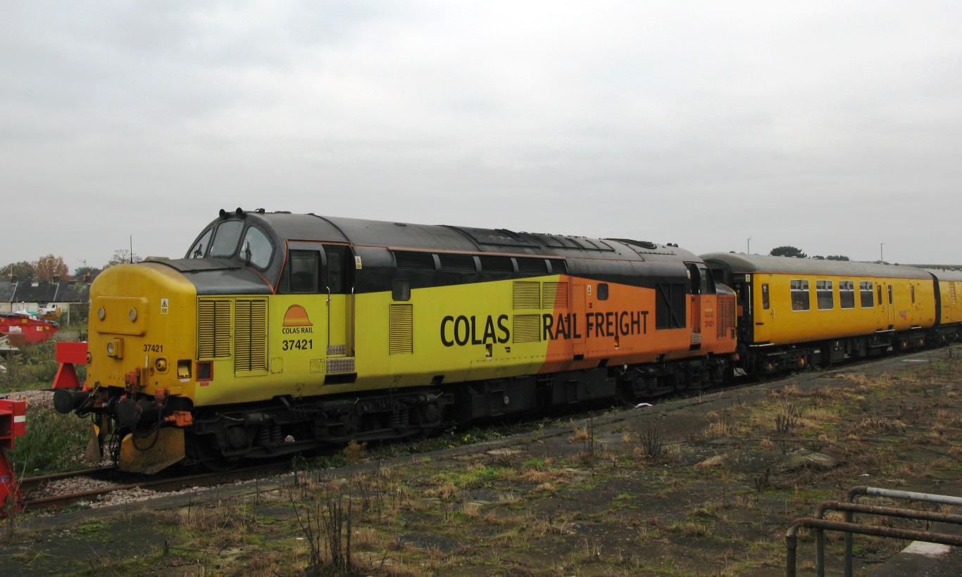 A railway ultrasonic test train standing in a station