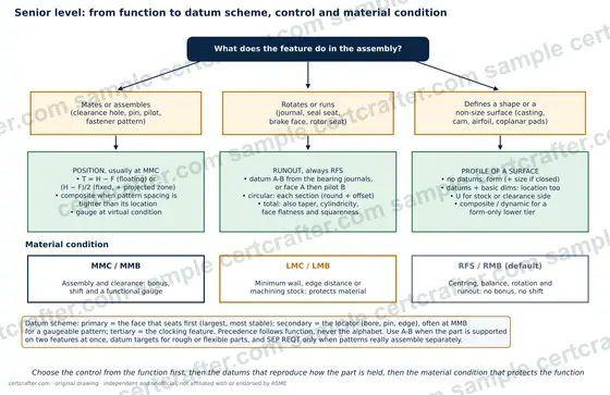 Sample figure from the study notes: Choose the control from the function first, then the datums that reproduce how the part is held, then the material condition that protects the function